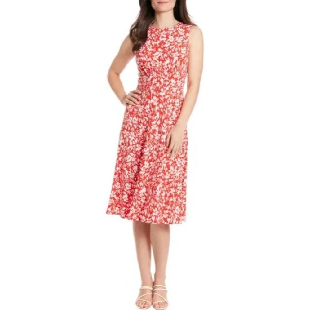 London Times Womens Petite 10P Floral Sleeveless Fit and Flare Midi Dress NEW